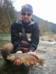 Rainbow trout and Oleg, April fly fishing Slovenia 2019 brown